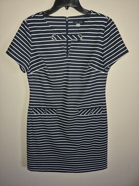 Tommy Hilfiger Navy & White Striped Mini Dress with Metal Accent